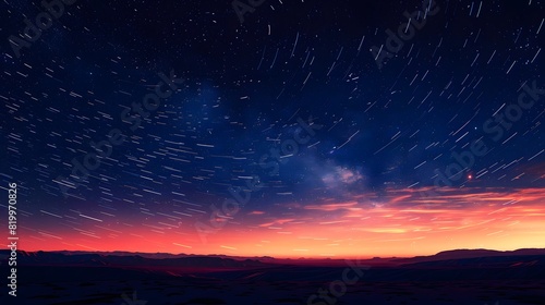 Starry sky with streaks of light in the night sky, starry background, star trail photography, night scene. 