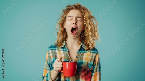 Woman Yawning with Coffee Mug photo