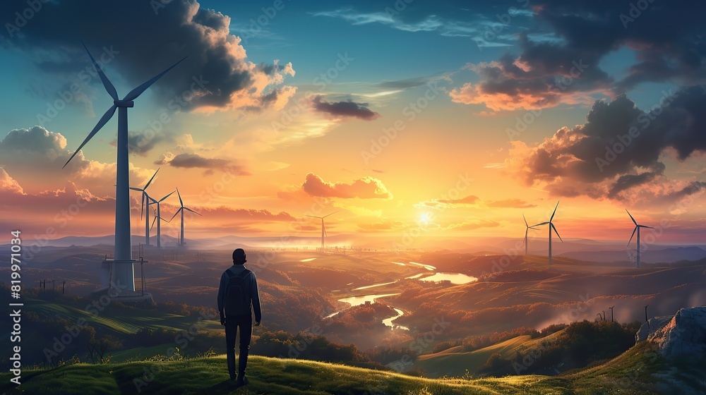 An engineer stands on the top and looks at the beautiful sunset landscape and windmills An engineer stands on the top and looks at the beautiful sunset landscape and windmills