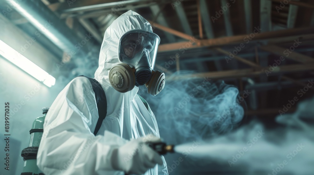 Person in hazmat suit disinfecting street with sprayer. Surface treatment during coronavirus pandemic. A guy from the pest control service in a mask and a white protective suit sprays poisonous gas Person in hazmat suit disinfecting street with sprayer. Surface treatment during coronavirus pandemic. A guy from the pest control service in a mask and a white protective suit sprays poisonous gas