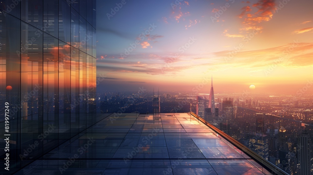 Obraz premium Spacious Platform with Office Building at Sunset