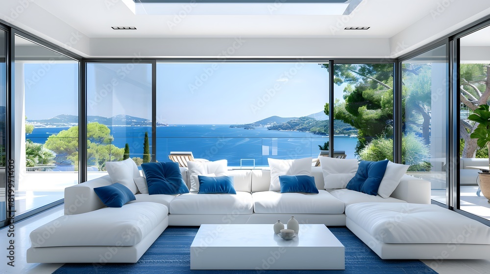 Stunning white Lshaped sofa with blue pillows in modern living room of luxury home on the island French Riviera, large windows overlooking ocean and greenery .
Stunning white Lshaped sofa with blue pillows in modern living room of luxury home on the island French Riviera, large windows overlooking ocean and greenery .