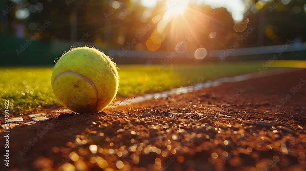 Tennis ball on the tennis court, closeup shot of green grass and red clay ground with sunlight. Banner for sport advertising or stock photo in the style of sport. 
