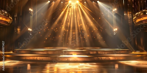 Empty elegant theater stage with classic golden decor under spotlight, set for performance. Concept Theater Stage, Elegant Decor, Golden Accents, Spotlight, Performance Set