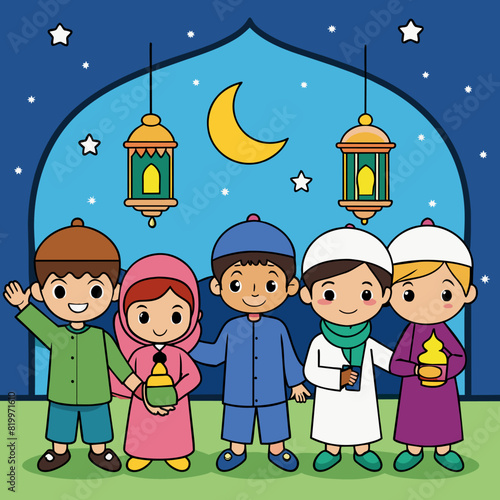 a cartoon illustration of children with a moon and a mosque in the background.