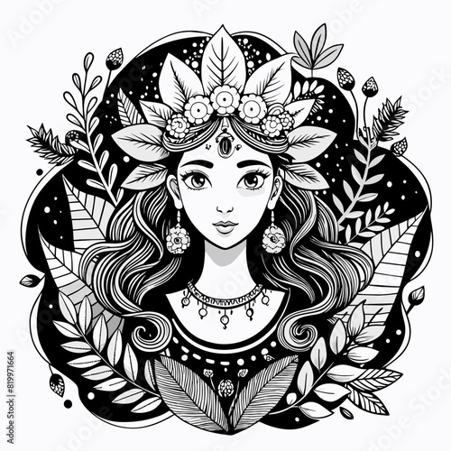 a black and white drawing of a woman with flowers and leaves.