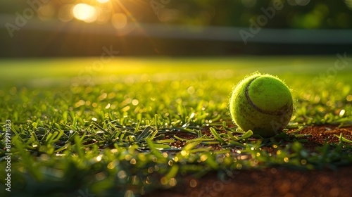 Tennis ball on the tennis court, closeup shot of green grass and red clay ground with sunlight. Banner for sport advertising or stock photo in the style of sport.   © horizon