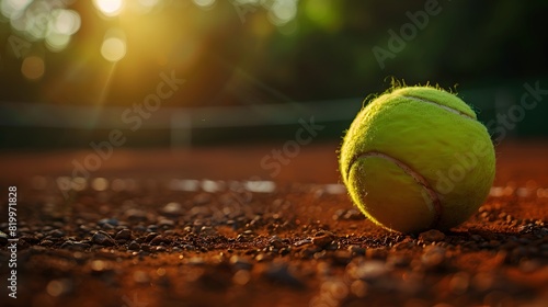 Tennis ball on the tennis court, closeup shot of green grass and red clay ground with sunlight. Banner for sport advertising or stock photo in the style of sport. 