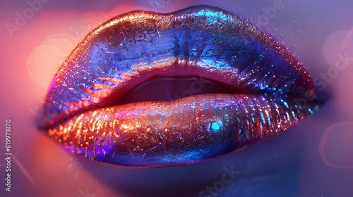 Macro shot of glossy lips covered in sparkles and vibrant colors reflecting light