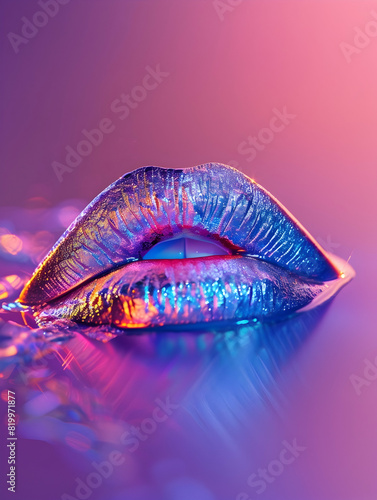 A highly detailed image of lips with metallic blue tones and highlights