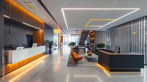 Modern Office with Dynamic Lighting and Sleek Design.A modern office featuring dynamic lighting, sleek design elements, and a sophisticated interior, creating a high-end professional environment