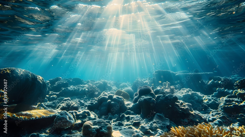 Underwater view of the deep sea, showcasing rocks and corals with sunlight filtering through the water.
Underwater view of the deep sea, showcasing rocks and corals with sunlight filtering through the water.