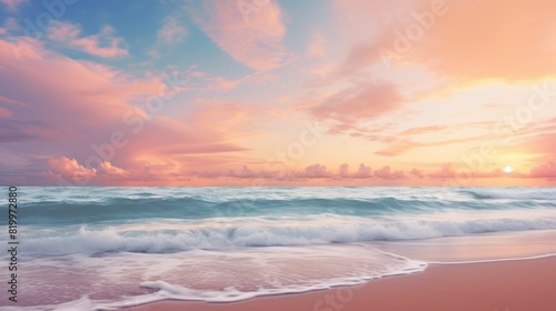 Beautiful sunrise beach. Exotic shore  waves on bright sand  sea horizon. Closeup  Mediterranean dream  sunset sky. Peaceful tranquil relax. Positive energy meditation. High quality photo