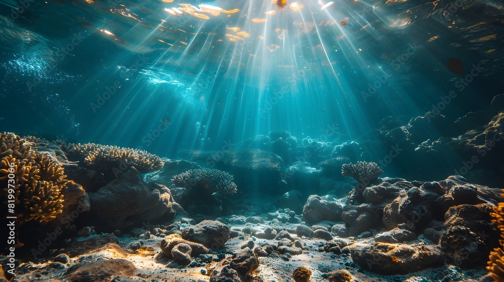 Underwater view of the deep sea, showcasing rocks and corals with sunlight filtering through the water.

