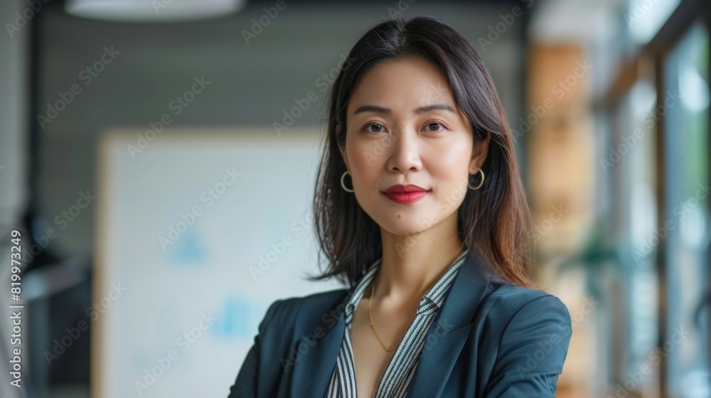 A poised woman with dark hair and red lipstick wearing a blue blazer and a striped shirt standing in a modern office with a window in the background. A poised woman with dark hair and red lipstick wearing a blue blazer and a striped shirt standing in a modern office with a window in the background.