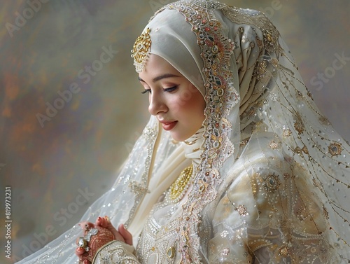 A beautiful portrait of a young woman wearing a hijab and traditional middle eastern wedding dress with intricate gold embroidery and ornate jewelry.
