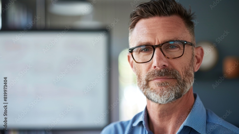 A middle-aged man with a beard and glasses wearing a blue shirt standing in an office with a whiteboard in the background. A middle-aged man with a beard and glasses wearing a blue shirt standing in an office with a whiteboard in the background.