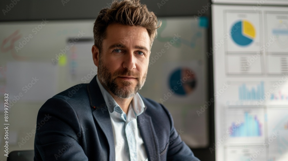 A man with a beard and short hair wearing a blue blazer and a white shirt sitting in an office with a whiteboard displaying graphs and charts in the background. A man with a beard and short hair wearing a blue blazer and a white shirt sitting in an office with a whiteboard displaying graphs and charts in the background.