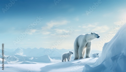 Polar bears walks in extreme winter weather  standing above snow with a view of the frost mountains