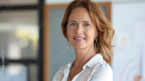 Free Download Smiling woman with shoulder-length hair wearing a white blouse with lace details standing in an office environment with a blurred background. - GFXLoad