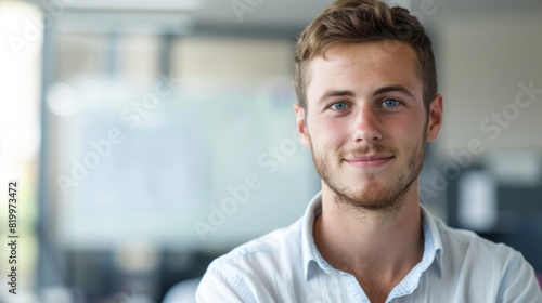 Young man with blue eyes and beard smiling wearing a white shirt standing in an office with a window in the background. photo