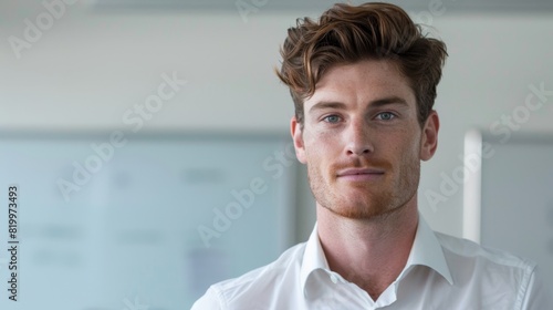 A young man with a beard and curly hair wearing a white shirt standing in an office with a blurred background. photo