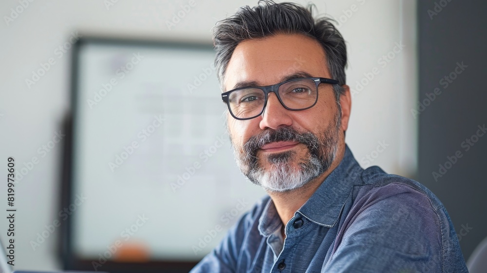 A man with a beard and glasses wearing a blue shirt sitting in an office with a whiteboard behind him. A man with a beard and glasses wearing a blue shirt sitting in an office with a whiteboard behind him.
