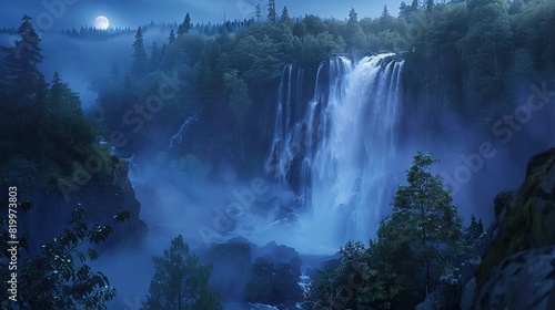 A waterfall in a forest at night. The waterfall is in the center of the image, and there are trees on either side of it. 