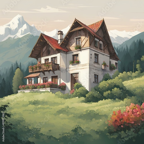 Illustration of a secluded house in the mountains with Eastern European style. A beautiful house, lush greenery, and stunning mountainous surroundings