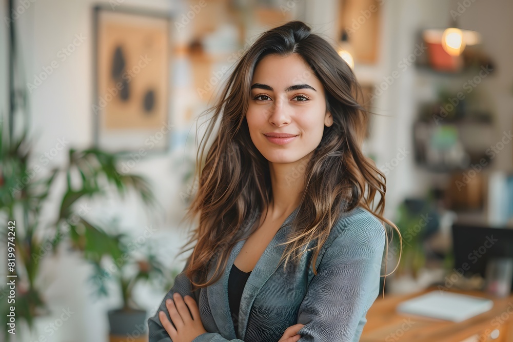 Portrait of a successful female entrepreneur in front of her startup office,  standing in modern office working , empowering and vibrant, Editorial Photography style. feeling working success