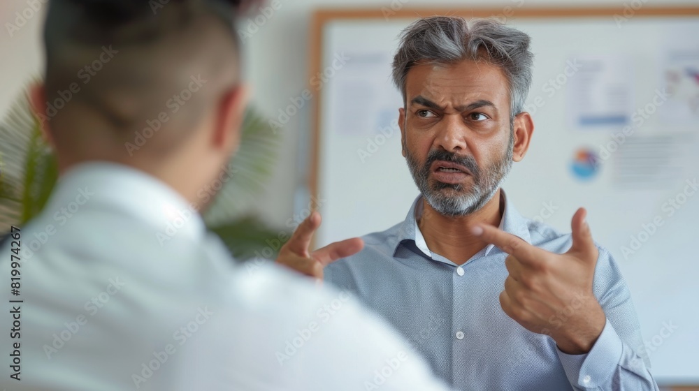 Obraz premium Man in business attire gesturing with both hands expressing concern or disagreement during a meeting.