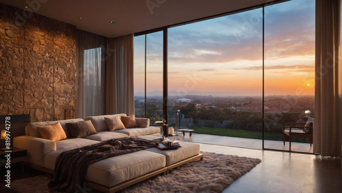 Contemporary residence bathed in the warm hues of sunset, offering a picturesque backdrop for modern living.
