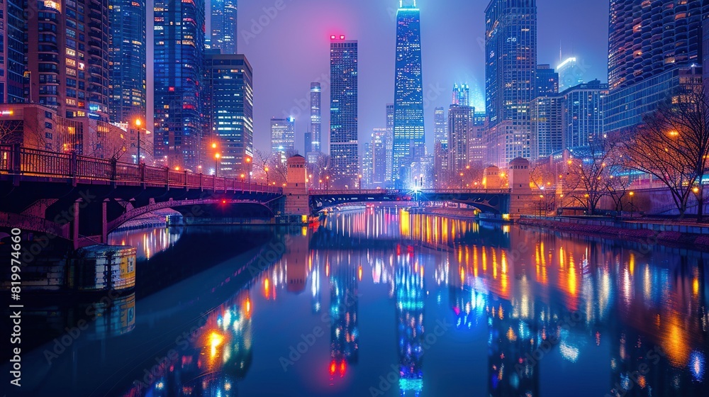 A city at night. There are many tall buildings and bridges. The water in the river is reflecting the lights of the city. The sky is dark and there are some stars.