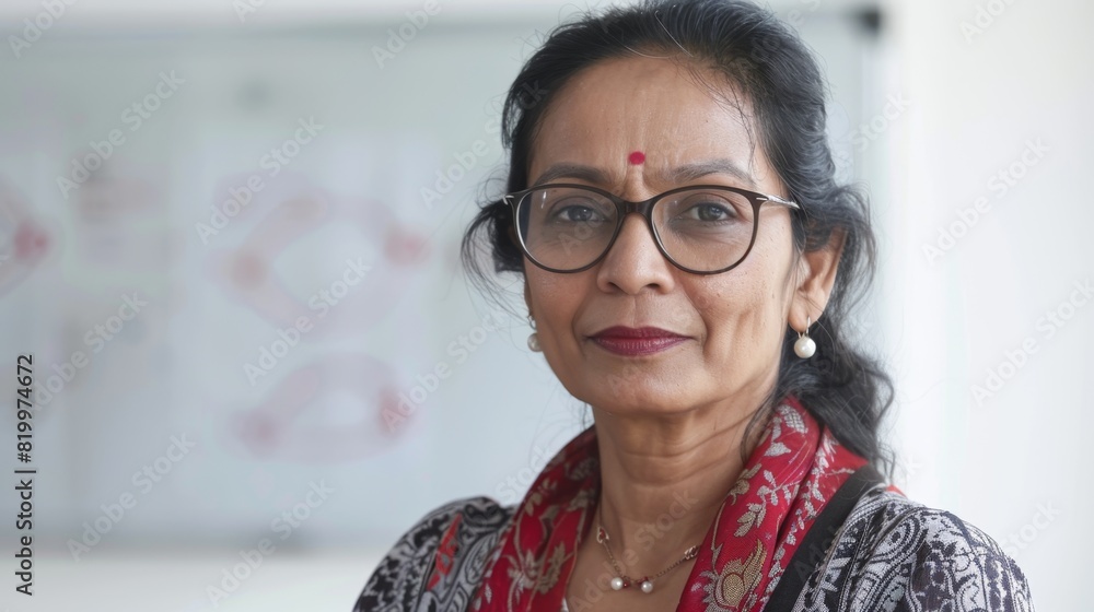 A poised woman with glasses and a red bindi wearing a patterned blouse and a red scarf standing in front of a blurred background with red designs. A poised woman with glasses and a red bindi wearing a patterned blouse and a red scarf standing in front of a blurred background with red designs.