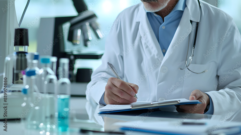Focused doctor writing notes on a clipboard, with lab equipment and samples in the background. Focused doctor writing notes on a clipboard, with lab equipment and samples in the background.