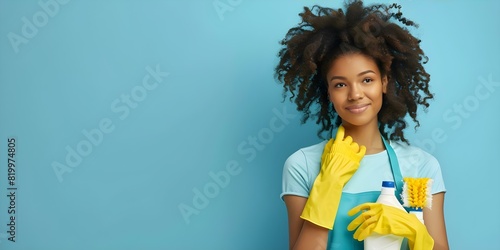 Woman in apron with yellow gloves holding modern cleaning supplies. Concept Household Chores, Domestic Lifestyle, Cleaning Supplies, Modern Housekeeping, Women's Fashion