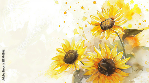 painting watercolor flower background illustration floral nature. Yellow sunflowers  flower background for greeting cards weddings or birthdays. Copy space. 