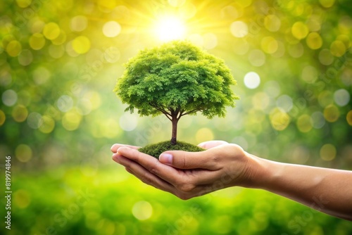 Hand holding tree on the world with sunny green grass bokeh background photo