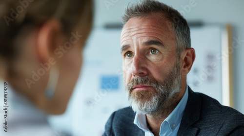 A man with a beard and gray hair wearing a suit and blue shirt attentively listening to a woman in an office setting.