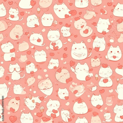 A cute and colorful pattern of cartoon cats in various poses, surrounded by hearts