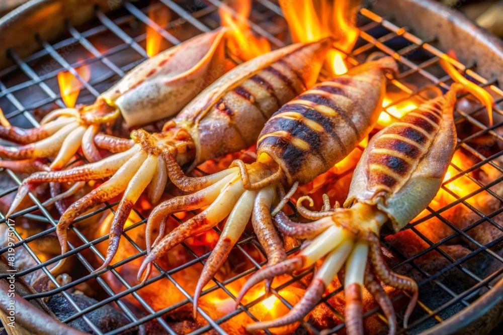 grilled shrimp on the grill, grilling a squid or seafood barbecue on the charcoal fire wood grilled shrimp on the grill, grilling a squid or seafood barbecue on the charcoal fire wood