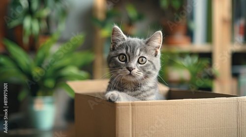 Close up of cute tabby kitten holding paper box in the moring