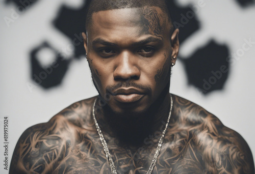 portrait of an African American tattooed gangster, isolated white background

