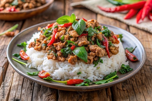 Rice topped with stir-fried pork and basil.Thai street food.Stir fried basil