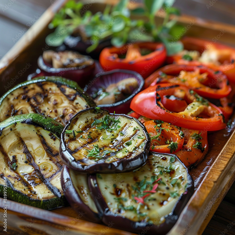 Assorted grilled vegetables on a beautiful served platter, generative ai