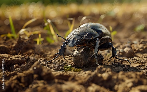 A dung beetle rolls a ball of dung across the dry, cracked earth © Suphakorn