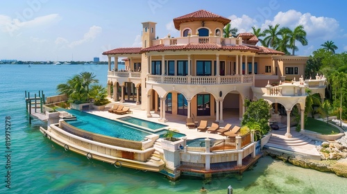 A large house with a pool and a dock on the ocean.

