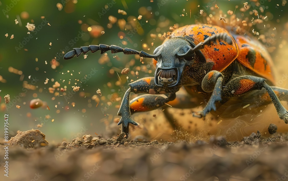 A closeup photograph of a brightly colored beetle scurrying across a pile of dirt A closeup photograph of a brightly colored beetle scurrying across a pile of dirt