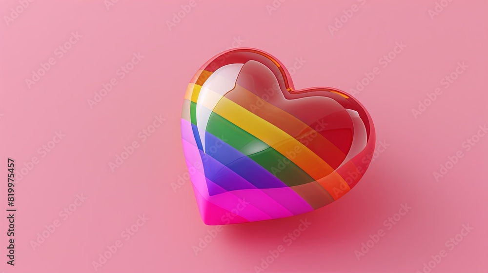 Isometric view of cartoon-style 3D-rendered rainbow heart icon on pink backdrop. Isometric view of cartoon-style 3D-rendered rainbow heart icon on pink backdrop.