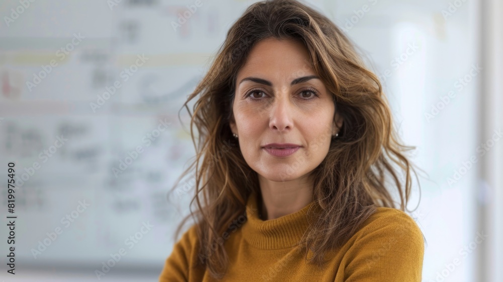 A woman with long brown hair wearing a yellow turtleneck looking thoughtful with a slight smile standing in front of a whiteboard with writing on it. A woman with long brown hair wearing a yellow turtleneck looking thoughtful with a slight smile standing in front of a whiteboard with writing on it.
